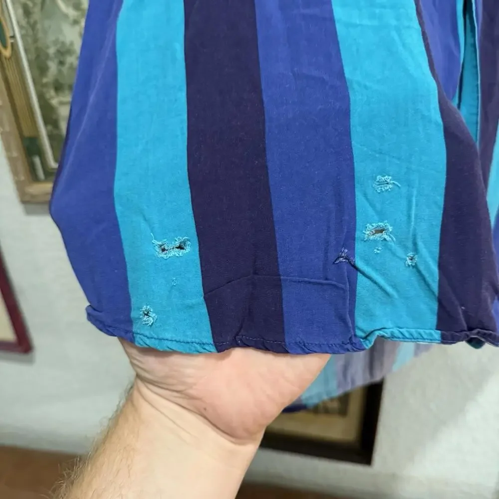 Vintage 80s RARE IOU Men's Striped Button Down Short Sleeve Blue Shirt‎ Size XL